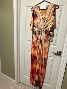 ONE WORLD Cream Maxi Dress with Red and Orange Floral Print